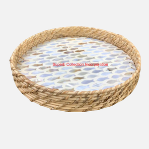 Plateau de service rond en rotin fait main avec incrustation de nacre plateau de fruits en osier et organisateur de Table basse décor à la maison bohème - Product Image 5