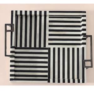 Plateau élégant en forme de rectangle avec incrustation en os, design à pois et poignée dorée, parfait pour servir la cuisine, la salle à manger et la table basse - Product Image 3