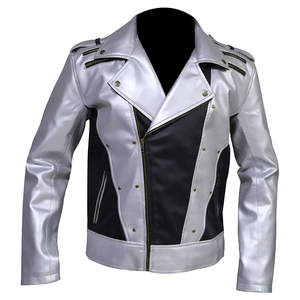 Veste de moto en cuir véritable d'agneau avec col montant veste enduite d'hiver haut de motard noir et argenté de styliste pour hommes - Product Image 1