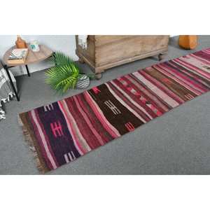 <b>Traditional</b> Pink Brown Wool <b>Rug</b> 2.3x9.3ft Handmade Turkish Rectangle <b>Rugs</b> Patchwork Design for Living Room Latex New Bedside <b>Rug</b> - Product Image 1