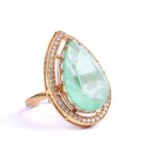 Bague statement en argent avec pierre précieuse verte taille poire et halo, finition or vintage, bijoux de cocktail victoriens - Product Image 4