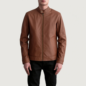 Chaqueta de cuero marrón para hombre, cuello alto, cierre de cremallera, ropa exterior informal elegante, ropa de otoño - Product Image 3