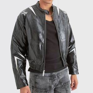 Veste de motard en cuir PU de qualité supérieure pour hommes, vêtements de rue vintage avec col montant et fermeture éclair, coupe normale, à la mode - Product Image 3