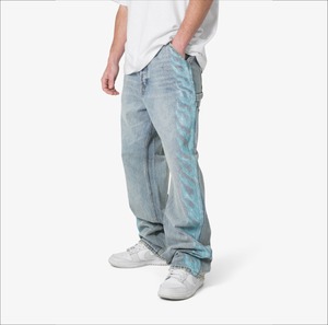 กางเกงยีนส์ขาบานสำหรับผู้ชายทรงหลวมเอวสูงล้างได้พิมพ์ลายหน้าจอโลโก้แบบออกแบบได้ตามต้องการ - Product Image 4