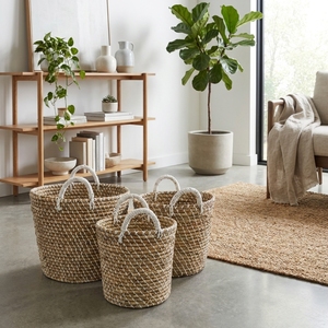Natural Seagrass Storage <b>Basket</b> Set White Rope Wrapped Handle Round Planter Pot Laundry Bin Setup Decor Pure Art Room Design - Product Image 4