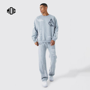 Heather <b>Grey</b> 100% Cotton 550GSM Flared Stacked Sweatpants and Oversized Crew Neck <b>Sweatshirt</b> Set Oversized Graffiti Tracksuit - Product Image 1