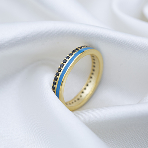 Bague en argent sterling 925 avec pierre de zircon noir et design en émail bleu, fabrication artisanale turque, vente en gros - Product Image 2