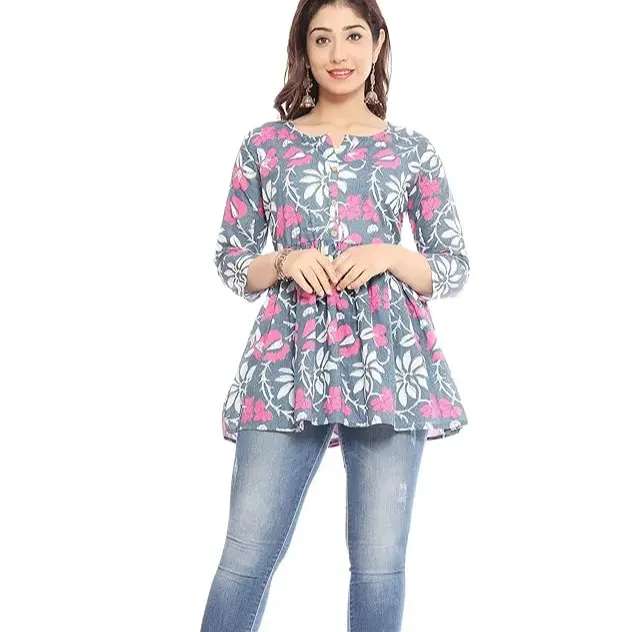 Hint tunik ve üstleri kadın pamuk çiçek baskı üst | Kadınlar ve kızlar için son moda kısa tunik üstleri