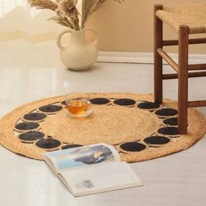 Tapis rond en jute tissé à la main avec un motif de cercle noir |   Tapis de sol tressé écologique naturel pour salon et décoration intérieure - Product Image 3