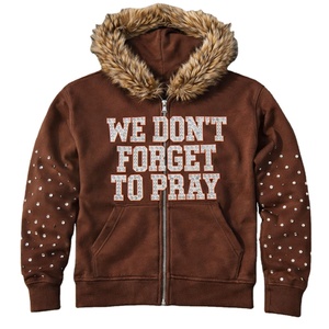 OEM Manufacture Custom Rhinestones <b>Faux</b> <b>Fur</b> Zip Up <b>Hoodies</b> Dark Brown 100% Cotton Fleece 350GSM Heavyweight <b>Faux</b> <b>Fur</b> <b>Hoodies</b> - Product Image 1