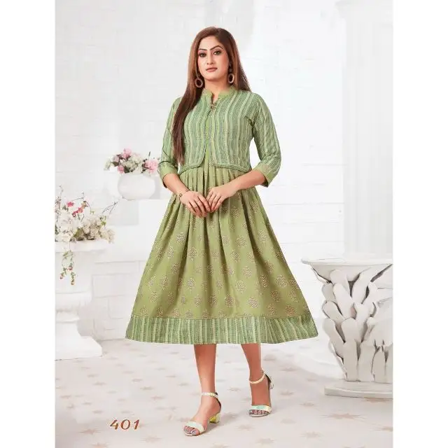Latest Collection Rayon Jacket Style Flair Kurti With Heavy Capsule Print Elegant Look Indian Ethnic Clothing Wholesaler India