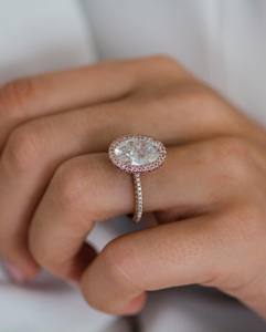 Anillo de compromiso de Halo blanco de corte ovalado de 11x7mm, banda pavimentada de oro rosa, anillo elegante de aniversario de Boda nupcial - Product Image 5