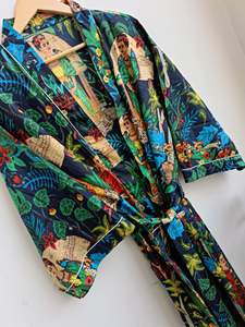 Kimono de punto estampado de bloques florales de algodón de alta calidad de exportación directa para mujer rodilla para verano otoño primavera proveedor indio - Product Image 4