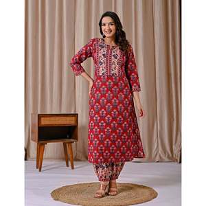 Conjunto de traje afegano para mujer, kurta de corte recto con estampado Red Butta Block - Product Image 3
