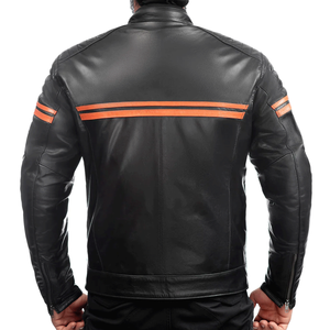 Biker Leather Jacket with Orange Stripes Classy Waterproof Road Protected Motorbike Jacket For Men - Product Image 2
