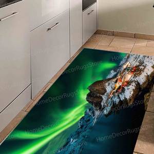 Alfombra de Lana con Diseño de Paisaje Cielo Colorido - Aurora Boreal y Vista de Lofoten, Alfombra Tradicional Ecológica con Respaldo de Látex No Tejido - Product Image 3