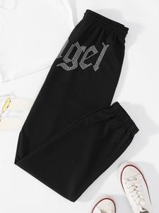 Pantalones de chándal con cordón sueltos informales ligeros para mujer con capucha y apliques de diamantes de imitación para exteriores y uso diario - Product Image 5