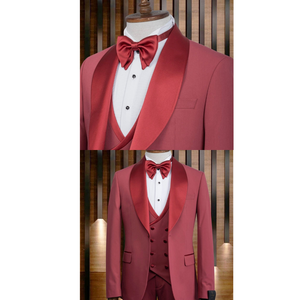 Traje de esmoquin elegante de lana para hombre, para boda, fiesta o noche, 80% lana, corte ajustado, cierre de botón, tela roja de lana worsted - Product Image 5