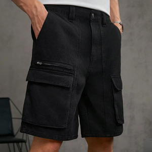 Pantalones cortos de mezclilla con bolsillo cargo negro para hombre, pantalones cortos de pierna recta de cinco puntos, pantalones cortos informales de moda de verano para hombre - Product Image 5