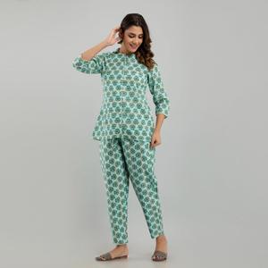 Women's Casual Cotton Floral Print Night <b>Suit</b> Sea Green with Custom Logo Button Closure Soft Woven Fabric for Bridesmaids - Product Image 3