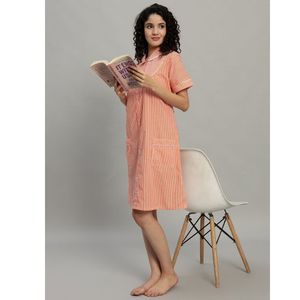 Camisón corto de algodón para mujer, camisón con estampado de rayas - Product Image 1