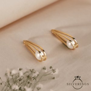 Boucles d'oreilles pendantes en argent sterling 925 avec perle dorée, collection de perles luxueuses - Product Image 4