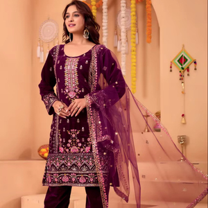 Women Embroidered Kurti Pant Dupatta Set Purple Ethnic Wear Ladies Designer Suit - Product Image 1