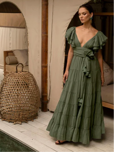 Vestido Maxi Gótico Floral Bohemio para Mujer con Mangas con Volantes, Escote en V Profundo, Diseño en Capas, Cintura Ancha con Lazos y Borlas, Lino Teñido Liso - Product Image 2