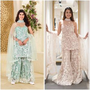 Tissus de filet de papillon de Collection de costume de Sharara de concepteur de Bollywood avec le travail de séquence de broderie - Product Image 6