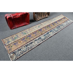 Alfombra Turca Vintage de Lana 2.2x8.6 pies (66x261 cm) Diseño Ecológico de Patchwork con Plantas y Árboles Azules, Base de Látex - Product Image 2