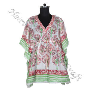 100% coton femmes vêtements de nuit main bloc imprimé caftan robe KFCS097 poids léger femmes décontracté Occasion porter courte Caftan robe - Product Image 2