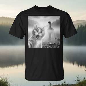 Camiseta con diseño de gato sorprendido y la Bestia de Loch Ness, producto promocional con un diseño intrigante - Product Image 3