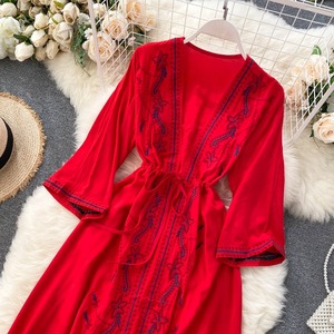 Nueva llegada túnica/Vestido largo mexicano de alta calidad para mujer hasta el suelo manga larga cintura borlas 100% algodón natural - Product Image 3