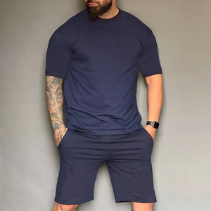 Conjunto Deportivo de Algodón 100% al por Mayor, Camiseta y Pantalones Cortos de Gimnasio, 2 Piezas, Transpirable, Tallas Grandes, para Hombre, Verano, Informal, Tejido de Punto, 320g - Product Image 1