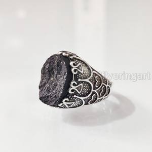 Bague en argent sterling 925 pour homme, avec pierre précieuse naturelle brute de tourmaline noire, pierre de naissance d'octobre, bijoux arabes raffinés, vente en gros - Product Image 4
