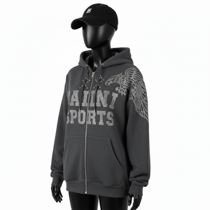 <b>Women</b> Full <b>Zip</b> <b>Hoodie</b> Premium Cotton Polyester Fleece 320 GSM Charcoal <b>Grey</b> Rhinestone Custom Logo basics hoodies - Product Image 4