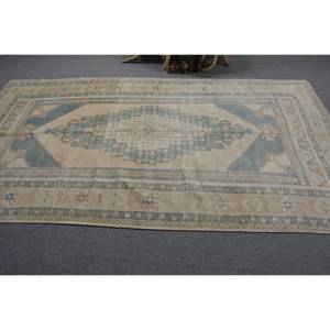 Alfombra de lana turca Vintage de 5x9 pies, diseño de retazos beige y azul, técnica de tejido plano para decoración para sala de estar, 4m de ancho - Product Image 3