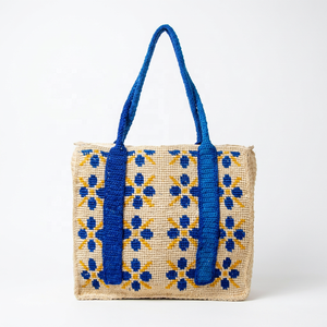 Woven Raffia Casual Tote <b>Bag</b> with Two Handles Open Top Floral Pattern <b>Reusable</b> <b>Shopping</b> Handbag for Retail Promotion - Product Image 1