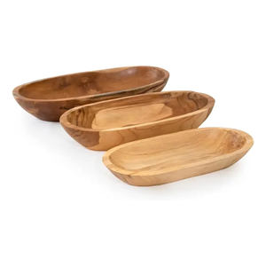 Ensemble de 3 bols en bois de teck de forme ovale faits à la main, vente en gros de service de nourriture et de décoration, bol en bois pour hôtel et restaurant - Product Image 2