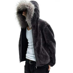 TOPSHOW Garment Faux Fur Hood Oversized Jacket Solid Color Soft <b>Sherpa</b> <b>Hoodie</b> Polar Fleece Zip up <b>Hoodie</b> for Men - Product Image 5