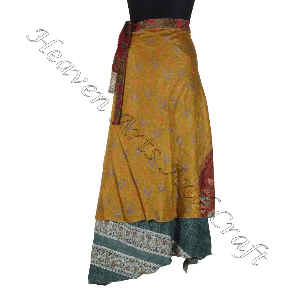 New Indian Silk Wrap Saias Para O Verão As Mulheres Desgaste De Seda Do Vintage Sari Longo Comprimento Envoltório Em torno da Saia 2 Camada de comprimento reversível