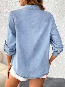 Veste courte en jean irrégulière à manches longues pour femmes tissu doux décontracté bleu vêtements d'extérieur de base pour filles et femmes - Product Image 2