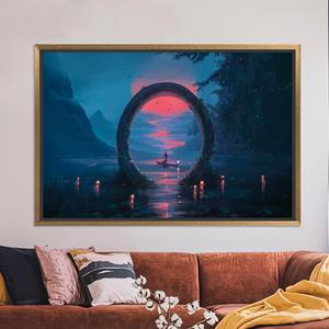 Mystical Sunset Lake Journey Fantasy Nature Printed Canvas Wall Art,GOLD <b>FRAMED</b> CANVAS - Product Image 1