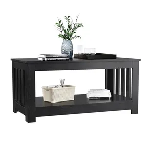 Black Wood Coffee Tables For Living Room 2-Tier Rectangular Small Coffee Table Sturdy Frame Easy Assembly