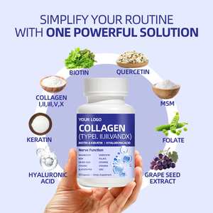 Complément alimentaire au collagène OEM ODM types I, II, <span class=keywords><strong>III</strong></span>, V, X, biotine, kératine, acide hyaluronique, 14-en-1, pour adultes, 60 capsules, en vrac - Product Image 4