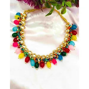 Parure de bijoux bohèmes Kundan, collier multicouche en pierres perlées multicolores, plaqué or sur cuivre, élégant, idéal pour les fêtes et les cadeaux - Product Image 2