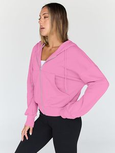 Women's Cropped Hoodie Sweatshirt Solid <b>Pink</b> Full Sleeve Zipper-Up Knitted Cotton Autumn Wear - Product Image 3