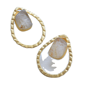 Premium Brass Cluster <b>Earrings</b> Gold Plated Stud Raw Natural Stone Design <b>Rhodium</b> Plated Brass Trendy Statement Piece - Product Image 4