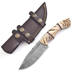 Cuchillo de Caza Personalizado OEM DIY de Acero de Damasco con Mango de Cuerno de Carnero - Cuchillo Premium para Supervivencia y Camping al Aire Libre, 7 Pulgadas de Longitud Total, 3 Años de Garantía - Product Image 1