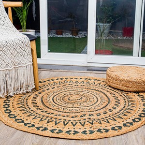 Set de table rond en jute tissé à la main avec imprimé géométrique noir |   Set de table écologique naturel pour la décoration de la maison et des restaurants - Product Image 3